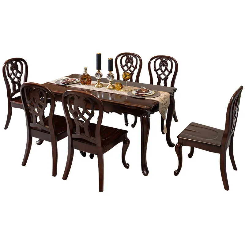 LMM All-Solid Wood Dining Table and Chair Set, American Vintage Carved Home Dining Table and Dining Room Furniture