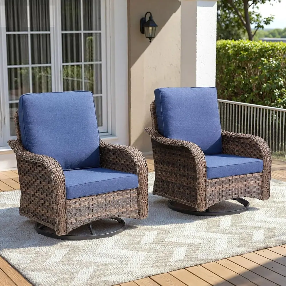 

2-Piece High-Back Wicker Swivel Rocker Patio Set with Weather-Resistant Cushions for Deck or Balcony in Brown/Blue