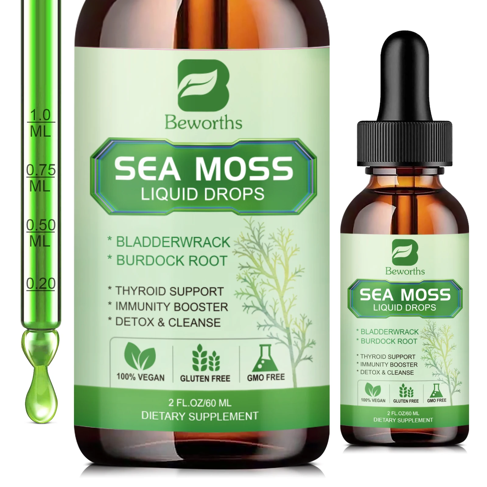 

BEWORTHS 60ML Sea Moss Drop with Ashwagandha，Elderberry Extract Support Thyroid & Joint Health Clean Intestines Help Digestion