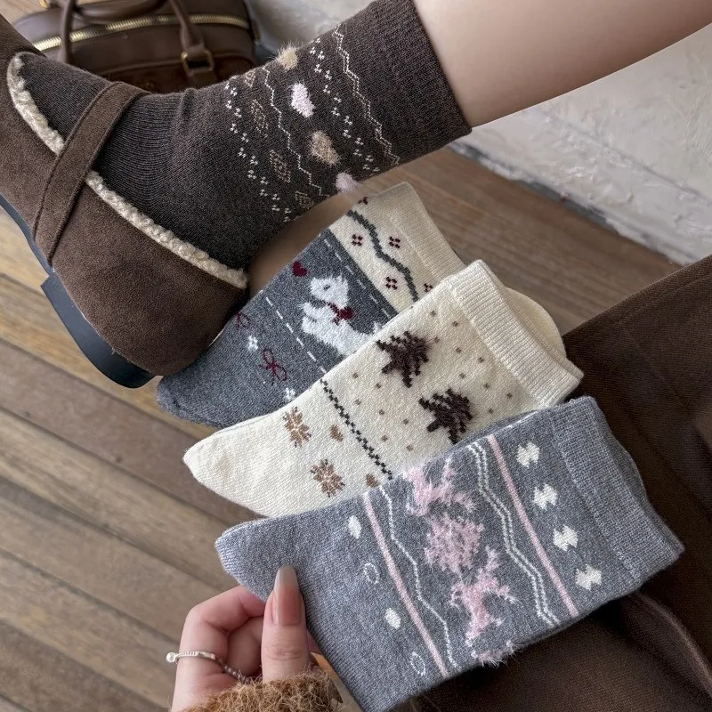 

4 Pairs Winter Thick Warm Socks for Women Girl School Mid-Calf Socks with Cute Cartoon Dog Design Wool Warm Socks High Quality