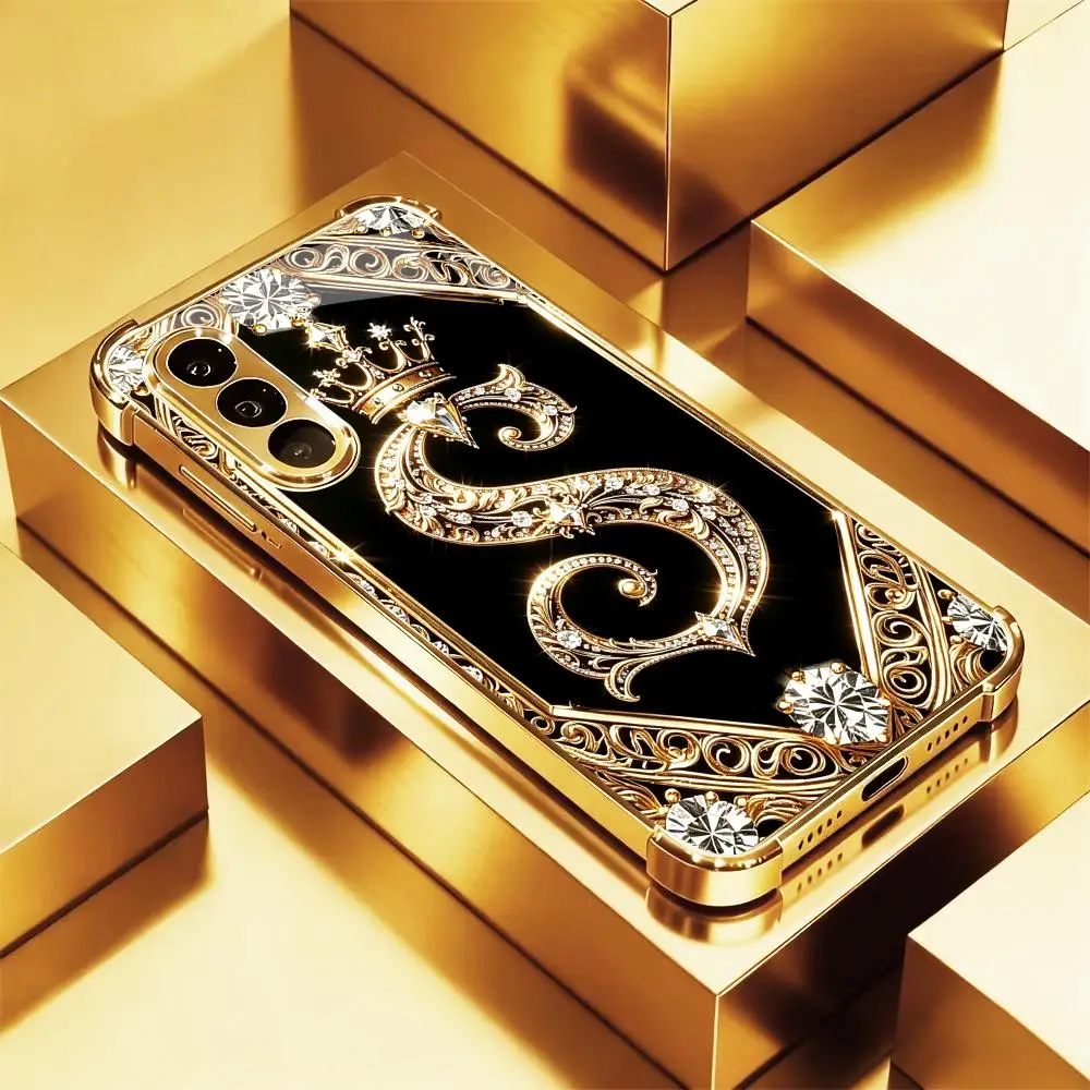 Luxurious Letter S High-end Glass TPU QHD PhoneCase for Samsung Galaxy S26 S25 S24 S23 S22 S21 FE,Ultra,Plus Dropresistant