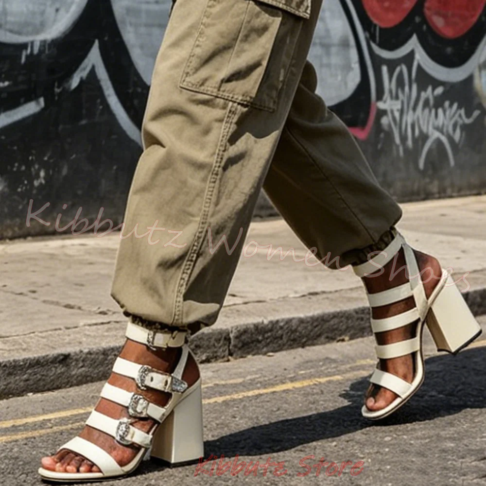

Crystal Belt Buckle Sandals Glossy Square Toe Chunky Heels Women Summer Shoes Leather Solid Color Fashion Elegant Concise Sexy