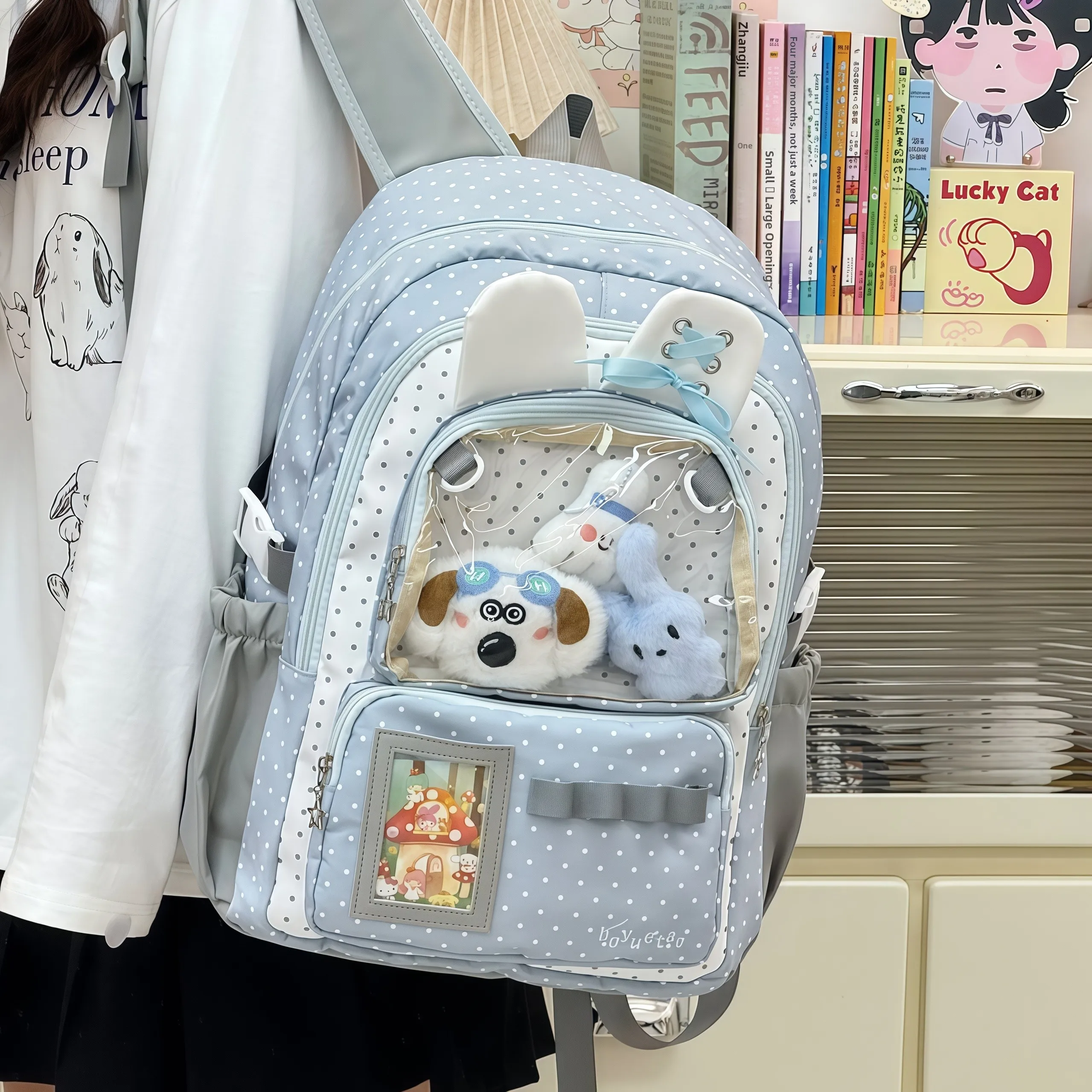 韓国風のかわいい軽量ガールズバックパック中学校小学生ブックバッグダブルショルダーバッグナイロン素材