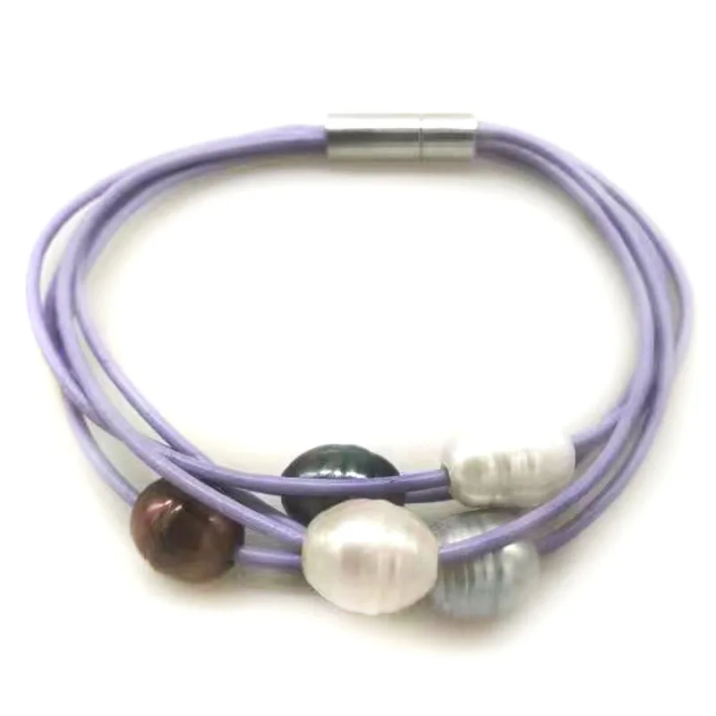 7.5 inches 5 rows Lilac Leather Cord Natural Oval Pearl Bracelet