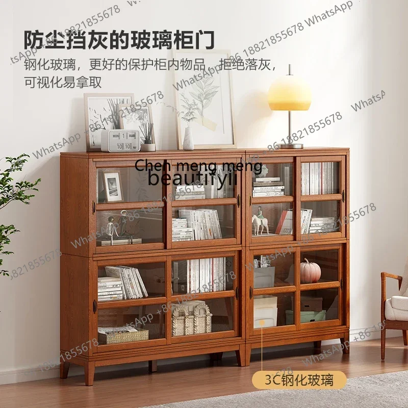 American solid wood short, floor-to-ceiling living room home bookshelf with glass door, low cabinet sliding door view 5