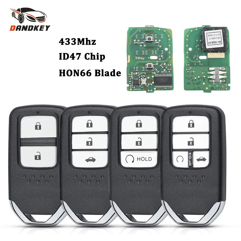 Dandkey 2/3/4/5/6/7BNT dla Honda Accord Piot CR-V Civic 2016 - 2020 433MHz ID47 Chip KR5V2X inteligentny klucz zdalny Keyless Fob Car Key