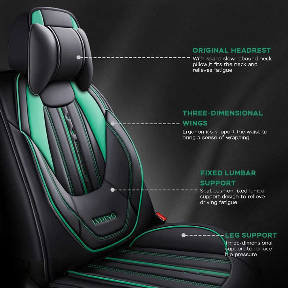 Car Seat Covers Front 2 Seats Covers With Headrest And Lumbar PU Leather Hatchback  Pickup Seat Protector Black Green