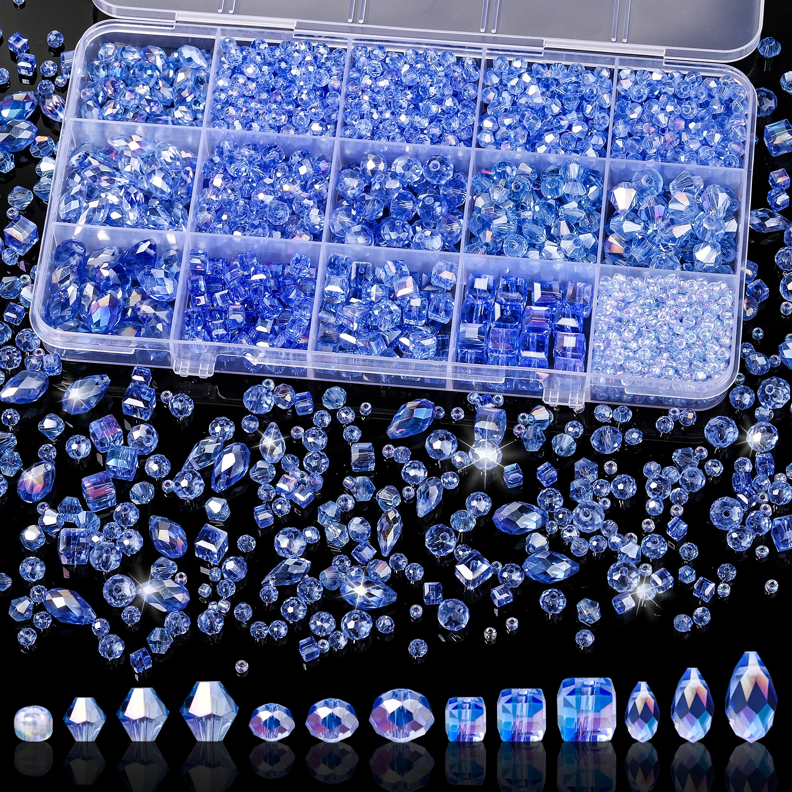 Blaue Kristall-Box mit 15 Fächern, 1500-teiliges Set, handgefertigte lose Perlen für Bastelarbeiten, DIY-Schmuckherstellung, Halsketten, Armbänder, Zubehör – Detail 6