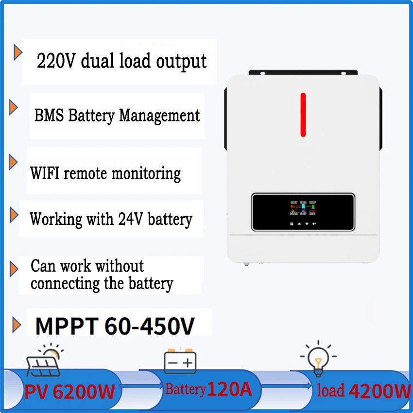 Onduleur MPPT Photovoltaïque Hors Réseau Intégré, 6200W, Sortie 220V, MPPT/BMS, 4,2 KW