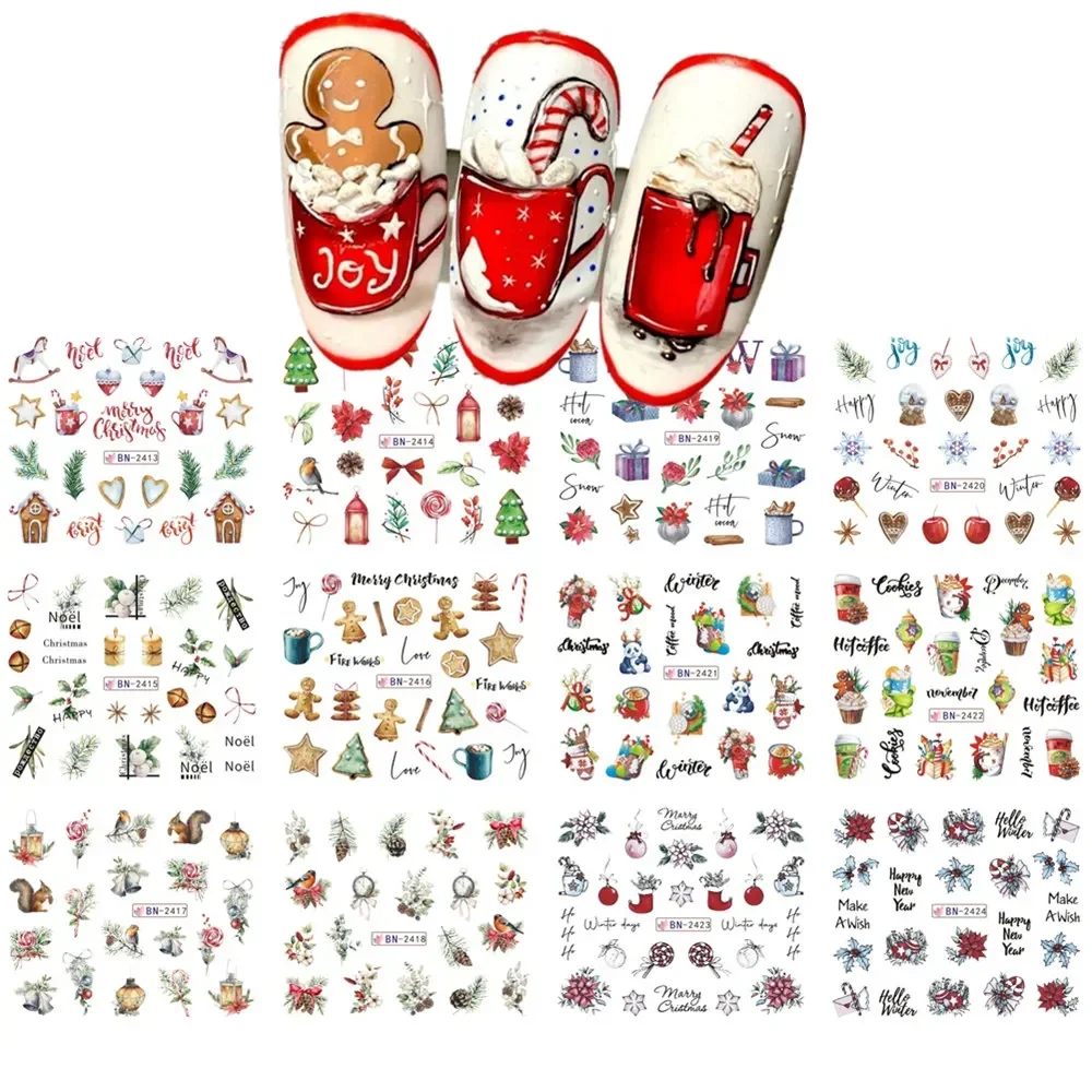 Christmas Nail Art Water Decals Snowflake Snowman Transfer Stickers Santa Claus Bell Tree Elk Xmas Slider Decals For Nails Decor