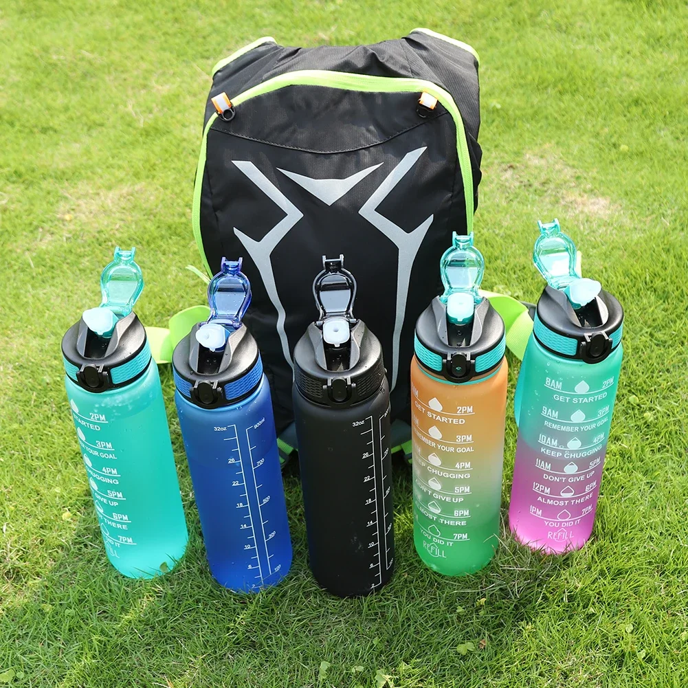 1000ml Outdoor Sports Bottle with Time Scale Outdoor Gradient Color Drinking Bottle Portable Fitness Straw Mug Drinking Cup