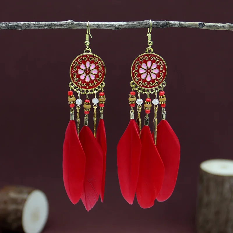 Red Feather Earrings Kolczyki Ethnic Long Tassel Earrings Bhemian Vintage Women's Fashionable Retro Earrings Boho Jewelry Gifts