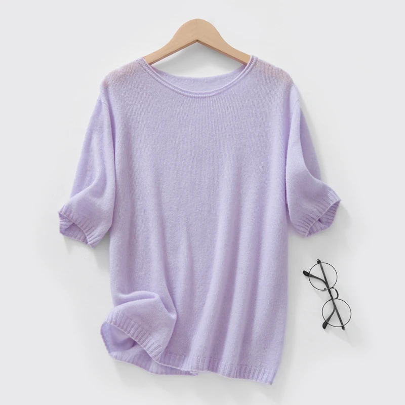 

Новый кашемировый вязаный женский свитер с круглым вырезом, однотонный, удобный, летний, тонкий, с короткими рукавами, женский пуловер.