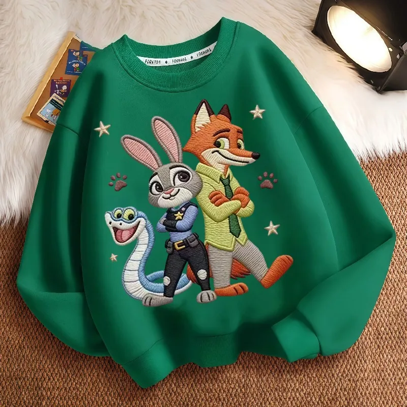 

2026 New Kids Imitation Embroidery Sweatshirt Cartoon Zootopia Style Thickened Crewneck Pullover for Boys Girls Spring Autumn