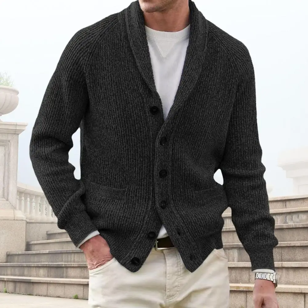 Men Sweater Coat with Pockets Turn-down Collar Long Sleeves Single-breasted Buttons Long Sleeves Solid Color Thick Knitted Jacke