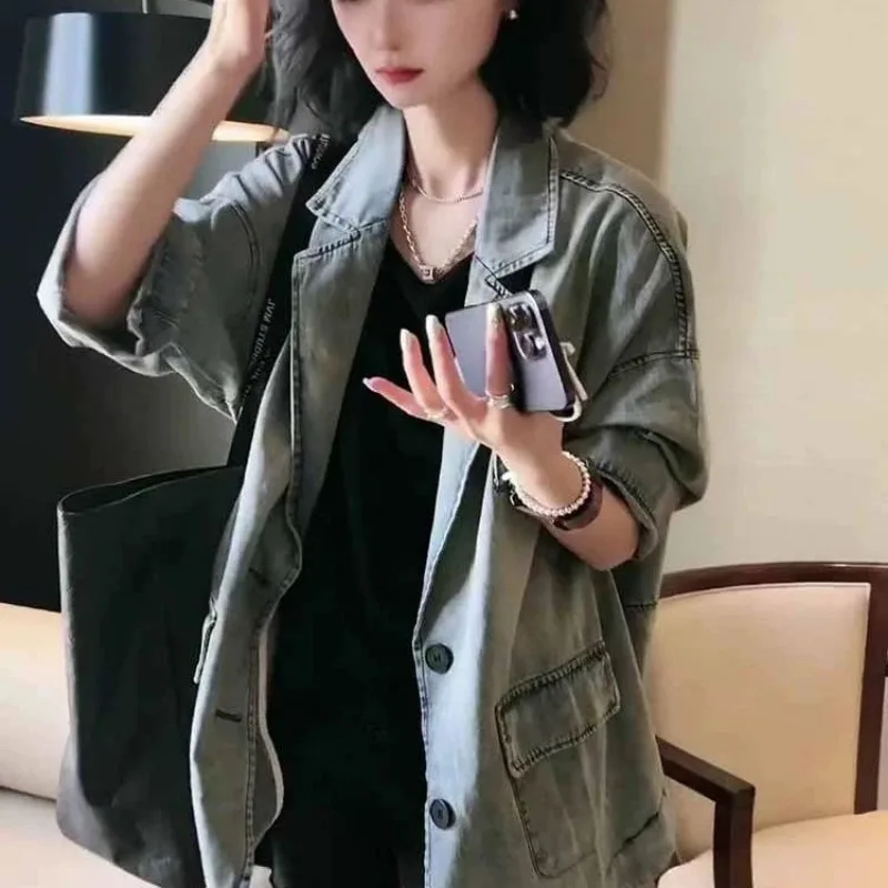 Autumn Korean Coat Women Denim Jacket Office Ladies Blazer Vintage Trend Outerwear Single Breasted Long Sleeve Big Size Clothes