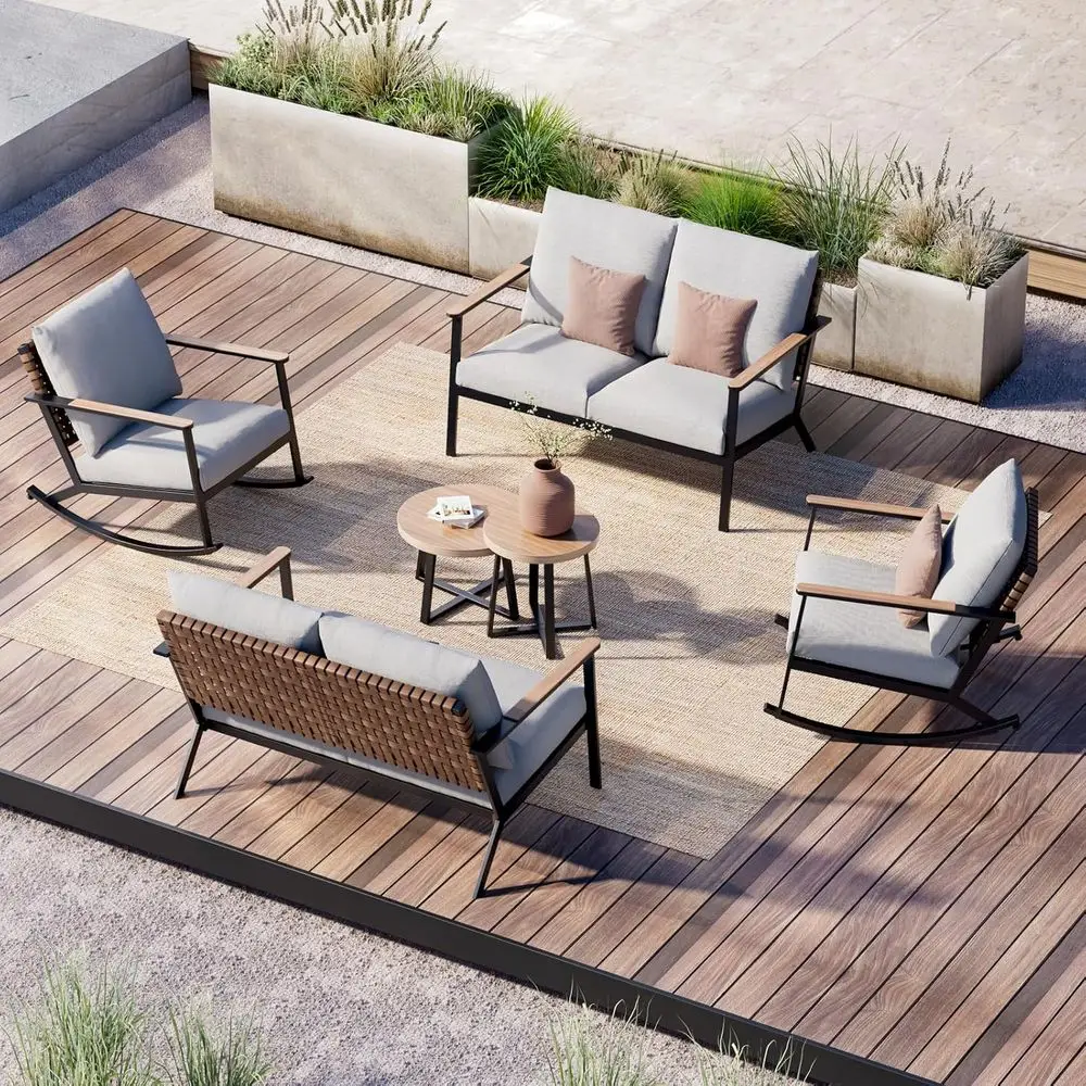 

6-Piece Leather Patio Bistro Set with Loveseat, 2 Rocking Chairs, and 2 Wood Grain Coffee Tables, 4.75 Grey Cushions