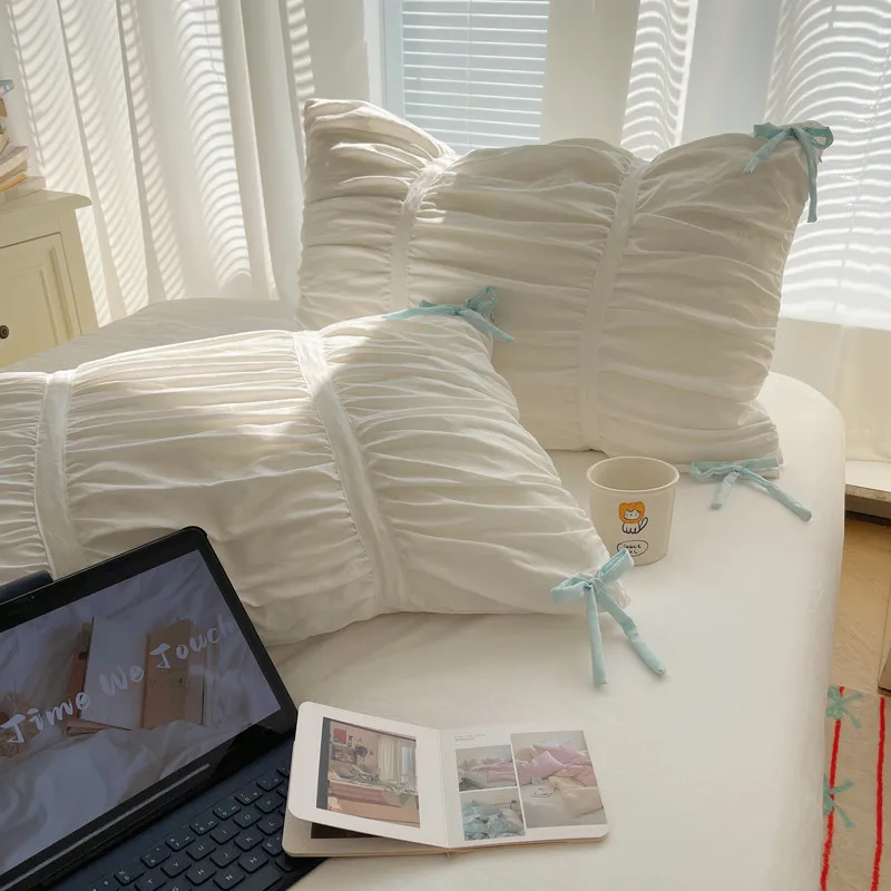 Solid Color Pleated Textured Soft Breathable Chic Princess 4pcs Bedding Set, Delicate Bows Twin Duvet cover Bed sheet Pillowcase