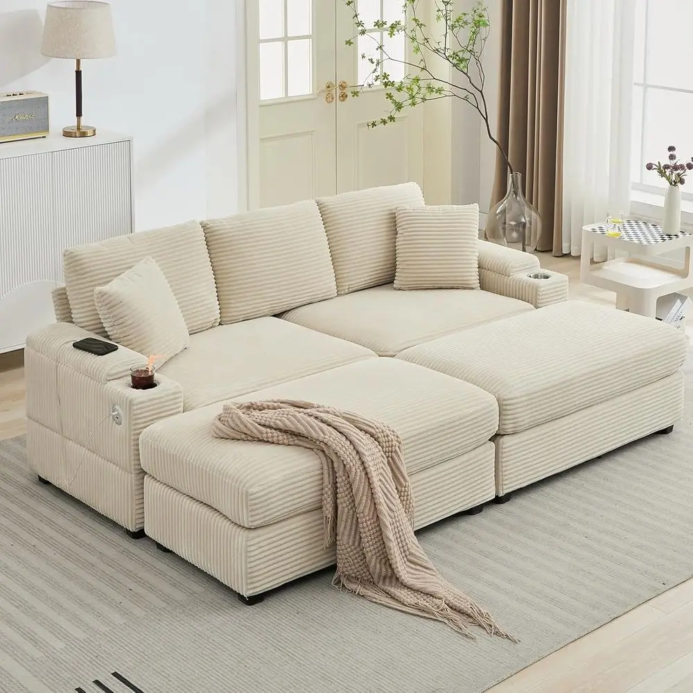 

Oversized Double Chaise Lounge Chair Indoor with Ottoman, Storage, Cup Holder, USB Port, Beige Corduroy Recliner for Living Room