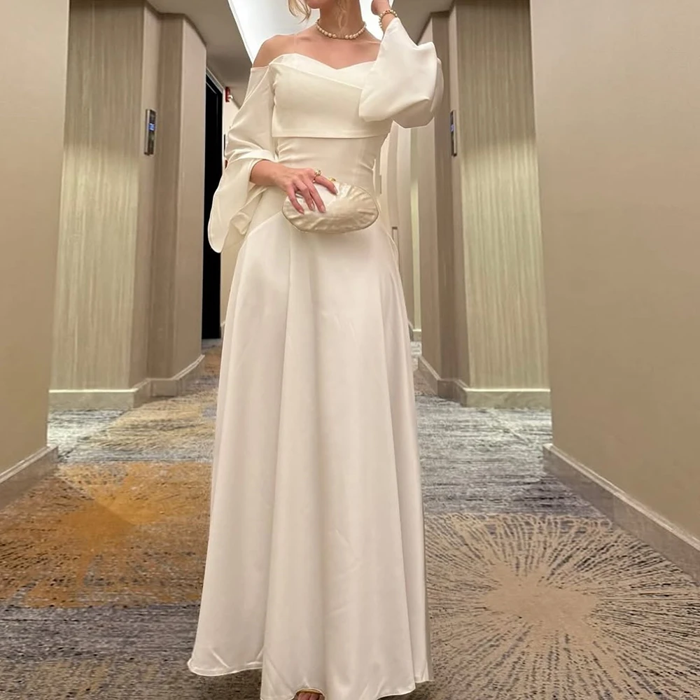 

Customized A-line Evening Dresses Ankle-length Off The Shoulder Full Sleeve Prom Gown Simple Fashion Draped Backless Party Gown