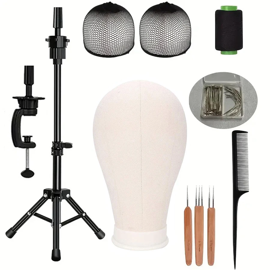 

55.88 cm/22inch Wig Head, Wig Stand Tripod With Head, Canvas Wig Head, Manikin Canvas Head Block Set For Wigs Making Display