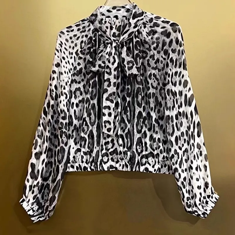 Seasixiang Vintage Leopard Print Silk Tops For Women Lace-up Collar Lantern Sleeve Pullover Shirt Fashion Spring Female