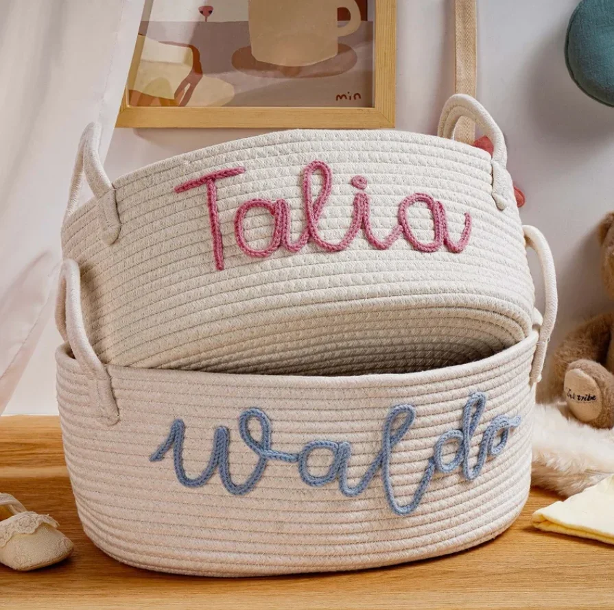 Custom Newborn Name Basket, Baby Shower Gift Basket, Personalized Diaper Basket, Rope Cotton Toy Storage Basket