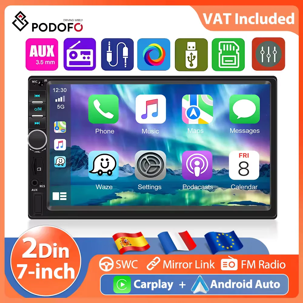 Podofo 2Din 7 ''Carplay MP5 lecteur Bluetooth universel autoradio Android Auto USB AUX miroir lien Support USB multimédia Audio