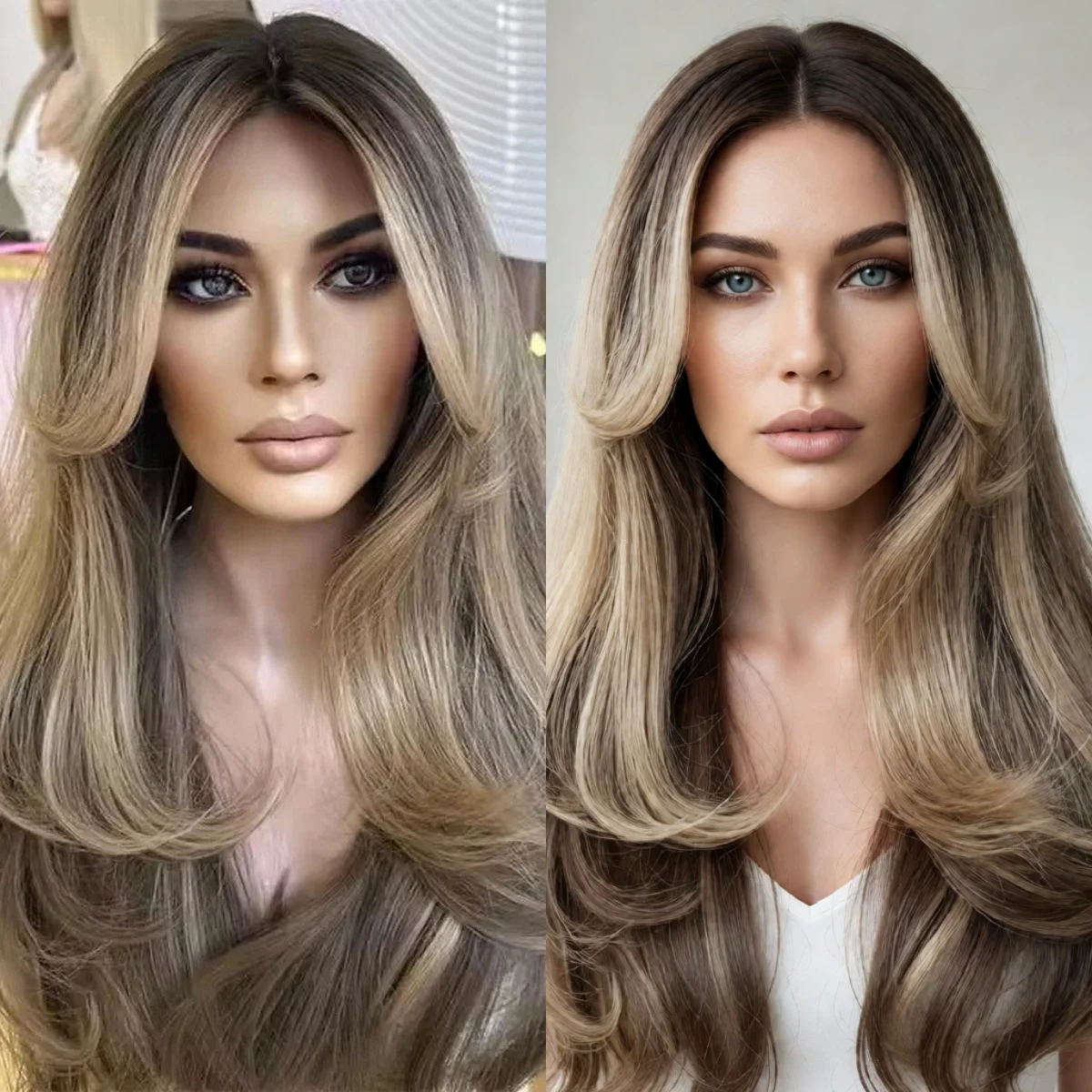 

Готовый к носке парик с эффектом волн, омбре, светло-коричневый с блондными мелиями, HD, с невидимой синтетической кружевной передней частью, без клея, с предварительно вычесанной линией роста волос