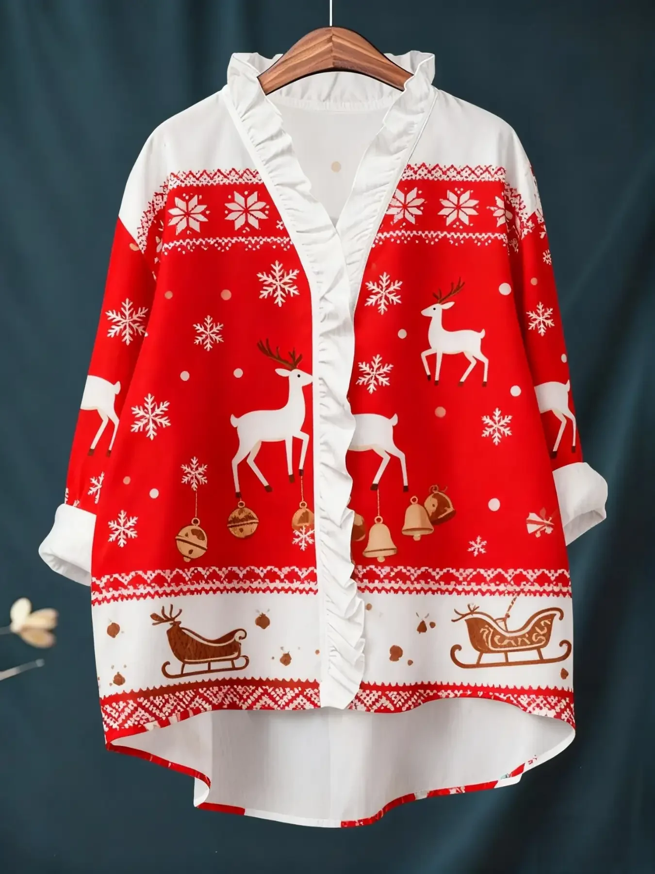 Women's Christmas digital printed long sleeved shirt with ruffled collar, loose fit, versatile 