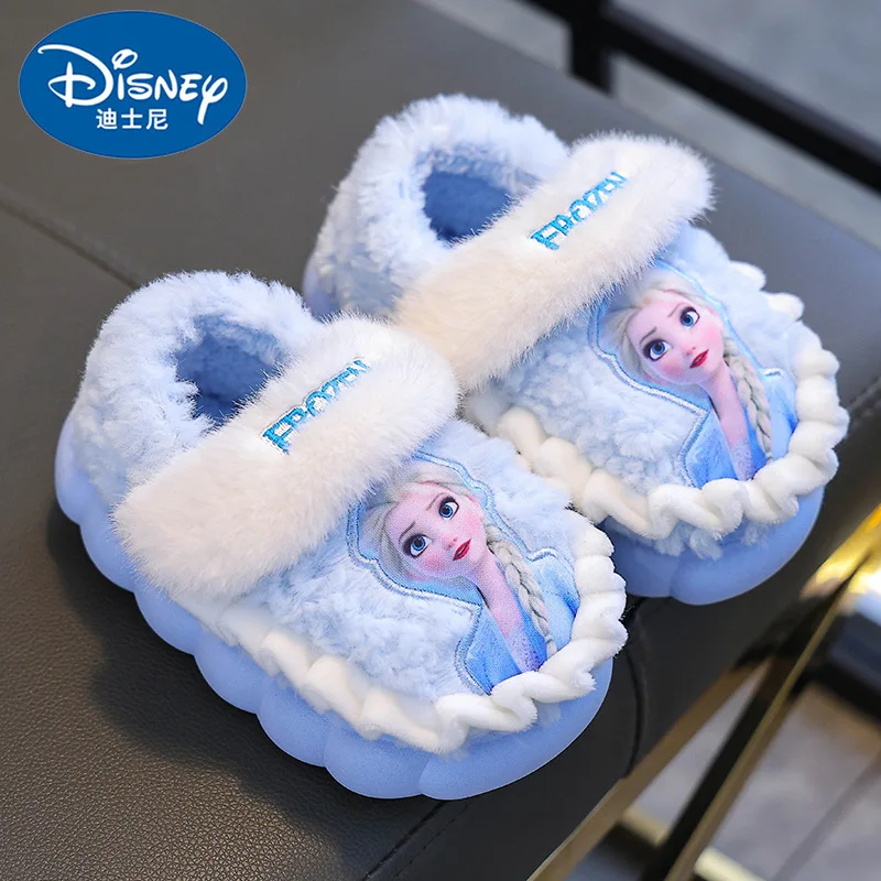 Disney-Zapatillas de algodón para niña, pantuflas de invierno para niña, princesa Elsa, Frozen, fondo grueso de terciopelo cálido, algodón para