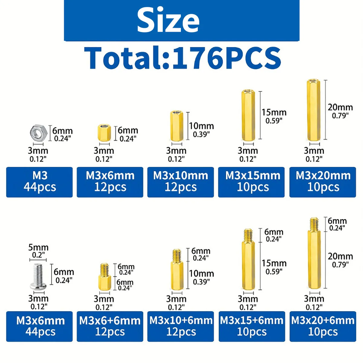 176/352Pc M3 Hex Screws Standoffs Kit Brass Motherboard Spacers for Laptop DIY Computer & Circuit Board Repair Male Female Space