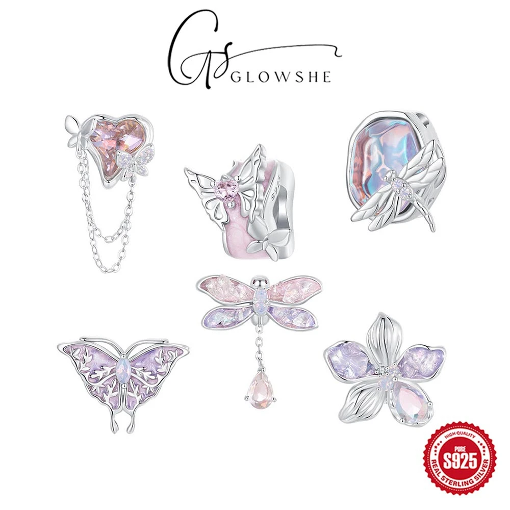 

Glowshe 925 Sterling Silver Zircon Dragonfly Flower Rubber Stopper Isolation Beam Bracelet Necklace DIY Pendant Handmade Gift