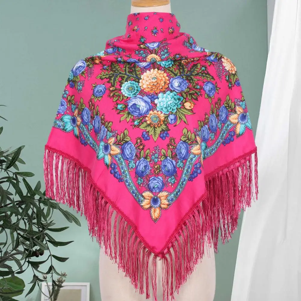 Ethic Style Floral Print Shawl Fringed Elegant Soft Women Blanket Scarf Fall Winter Middle-Aged Women Square Shawl Neck Wrap