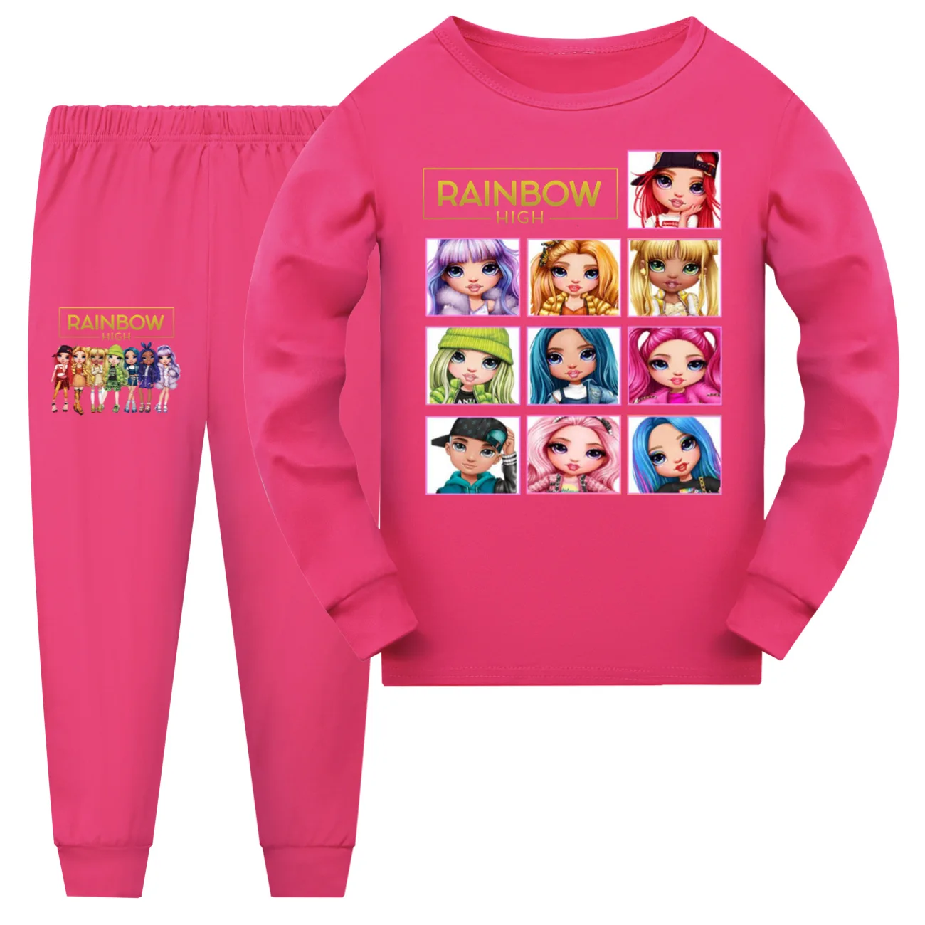 New Rainbow High Clothes Kids T-shirt Sweatpants 2pcs Set Baby Girls Long Sleeve Pajama Sets Boys Spring Sleepwear 5-16 Years