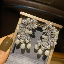 Bilincolor French Vintage Snowflake Flower Pearl Earrings for Women