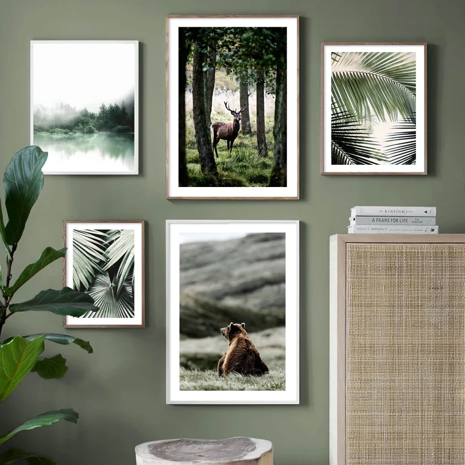 Bear Deer Forest Lake Fog Tropical Plant Wall Art Canvas Painting Nordic Posters And Prints Wall Pictures For Living Room Decor