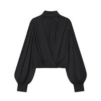 Women's Black Bow Tie Neck Blouse Sheer Puff Sleeve Cropped Chiffon Top for Party & Office - Image 3