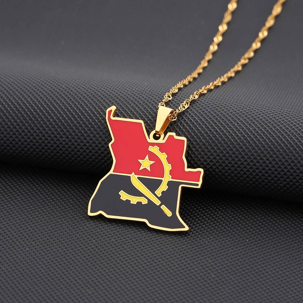 SONYA Enamel Drop Oil Angola Map Flag Pendant Necklace For Women Girls Stainless Steel Angolan Jewelry Ethnic Party Gifts