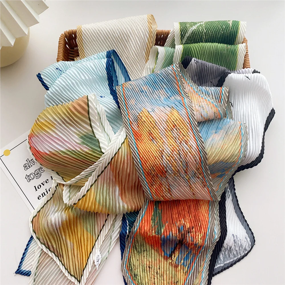 New Pleated Small Silk Scarf For Women In Summer Thin Printed Handbag Scarf Ribbon Bag Accessories Women\'s Headband Long Scarves