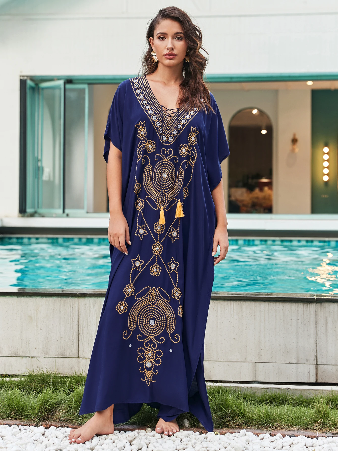 Seksowna do haftu z nadrukiem z głębokim dekoltem w szpic Plus Size plażowa długa sukienka Kaftan duży rozmiar sznurowane tuniki damskie sukienki