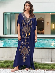 Seksowna do haftu z nadrukiem z głębokim dekoltem w szpic Plus Size plażowa długa sukienka Kaftan duży rozmiar sznurowane tuniki damskie sukienki Maxi Q1599