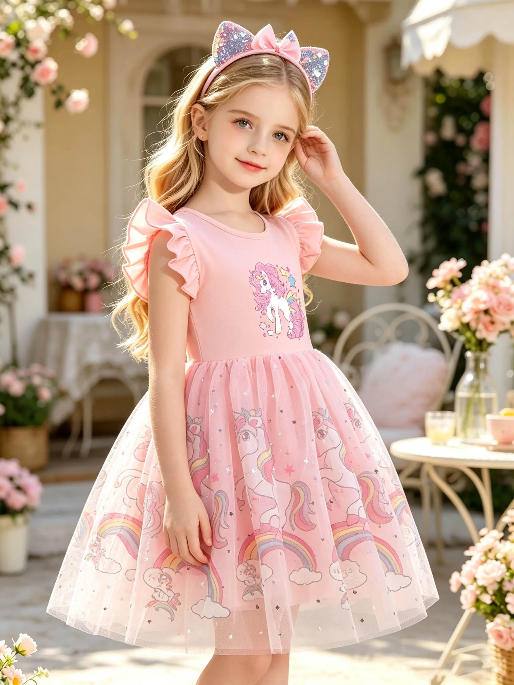 Kurzärmeliges Feenkleid mit Sternen und Pony für kleine Mädchen, Sommer-Tüll-Tutu-Kleid für Kinder mit glitzerndem Regenbogenwolken-Mesh – Detail 3