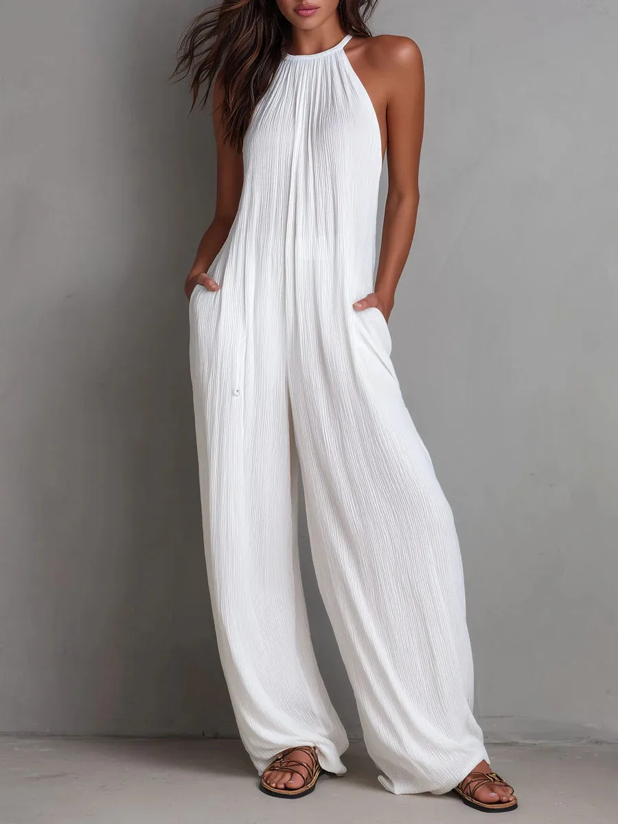

New Fashion Casual Sleeveless Neck-mounted Solid Color Slim Fit Pockets Pleated Wide Leg Floor-Length Jumpsuits,7 Colors