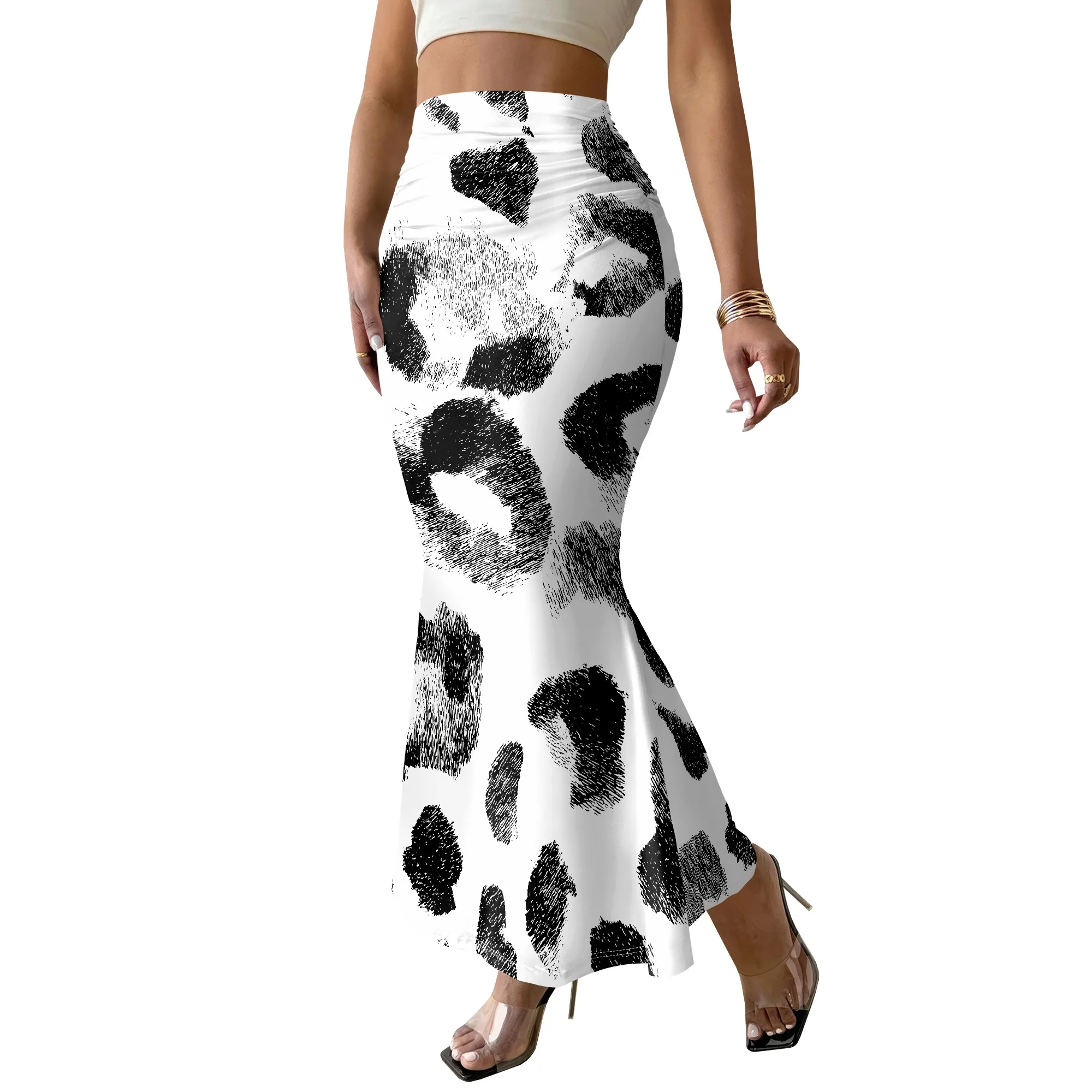 Black And White Leopard Print Skirt, High Waist Mermaid Hem, Women's Bodycon Maxi Skirt, Club Party Wear, S-3XL