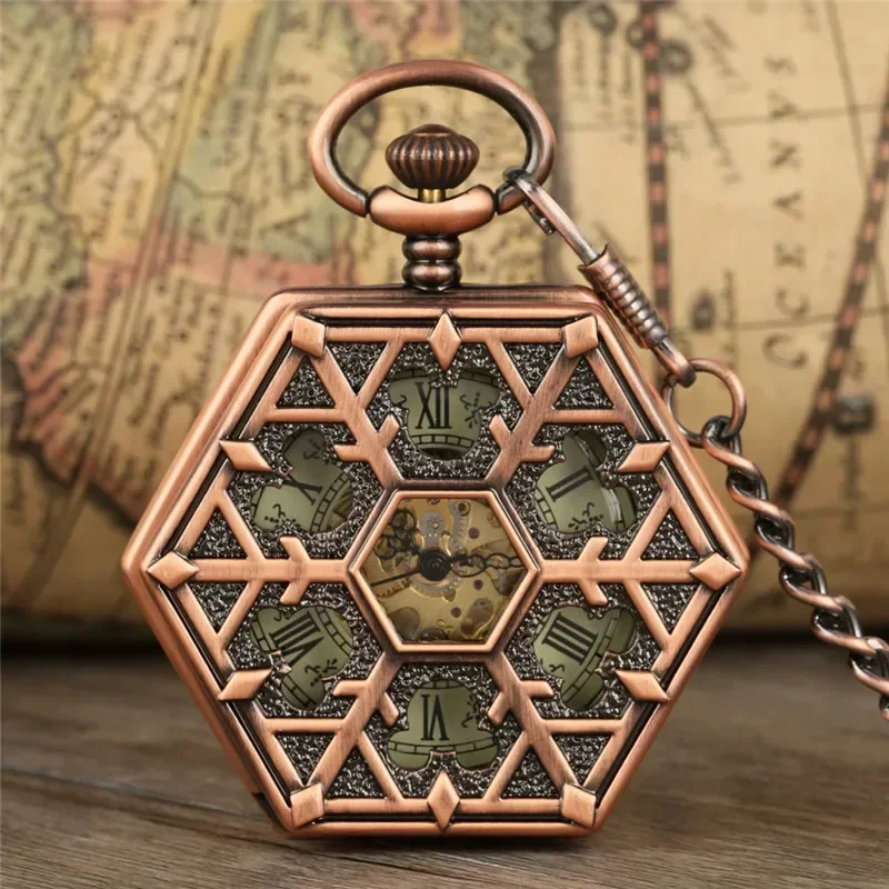 

Antique Red Copper Hexagone Shape Unisex Handwinding Mechanical Pocket Watch Skeleton Clock with Pendant Chain Roman Number Dial