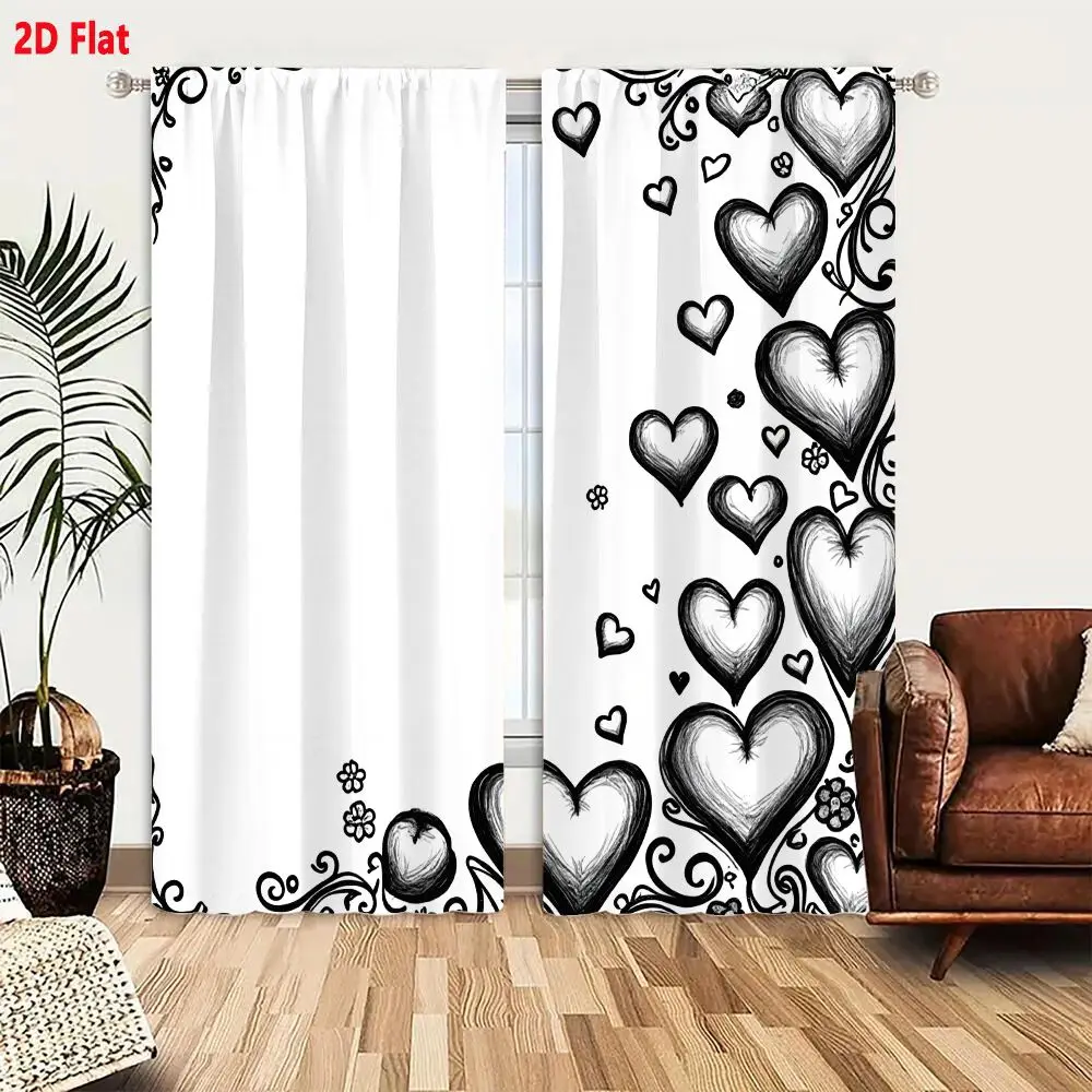2Pcs Curtains 2D Flat Black And White Decorative Illustration With Various Heart Shapes Floral Patterns And Swirls In Right Corn