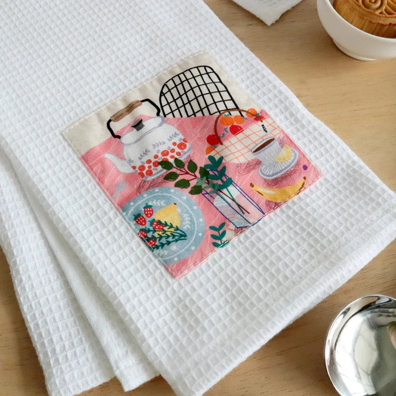 1Pc 40x60cm White Waffle Cotton Tea Towel Printed Patch Kitchen Table Napkin Xmas Party Gift Decoration