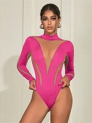 Nibber Patchwork Sexy Mesh Bodysuit Women See Through Long Sleeve Black Elastic Slim Female One Piece Midnight Outfits Clothing