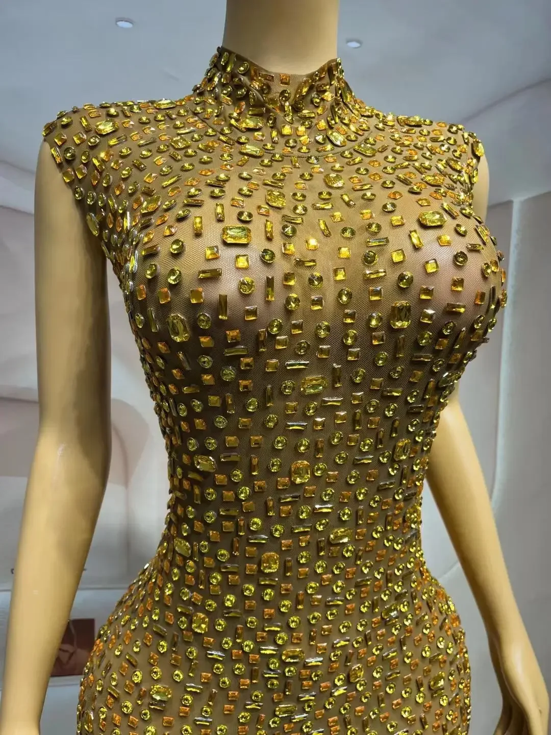 Gold Birthday Dress Concert show outfit Celebrate Long Dress  Luxury Gown Cocktail Party  Sheer Mesh Evening Dress